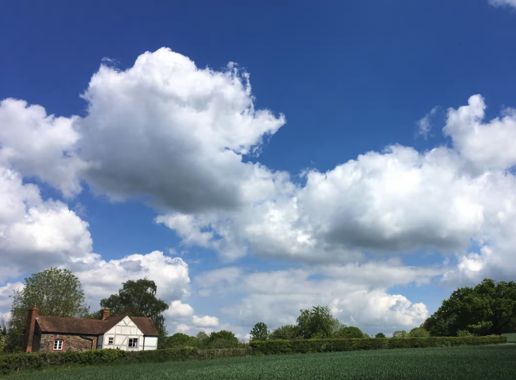 open field with a cottage and clouds