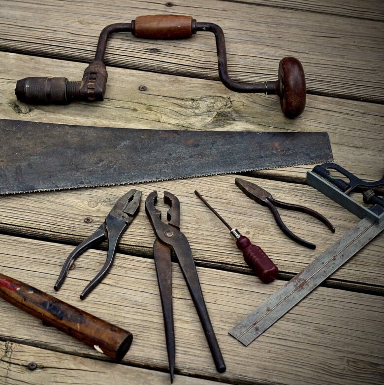 hand tools on a wooden table