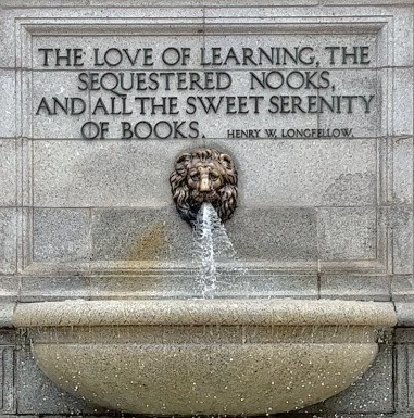 fountain outside library building